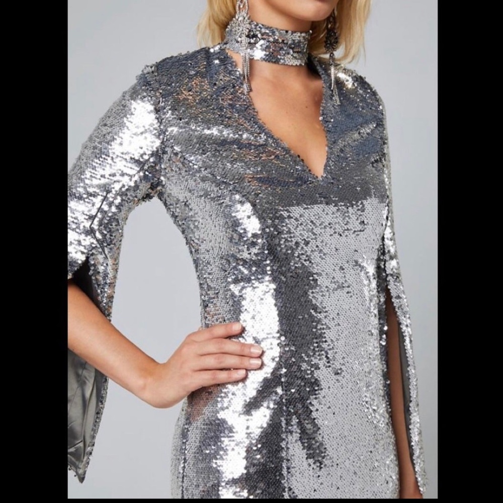 💋 Bebe sequin long sleeve dress silver XL RARE like new 💋